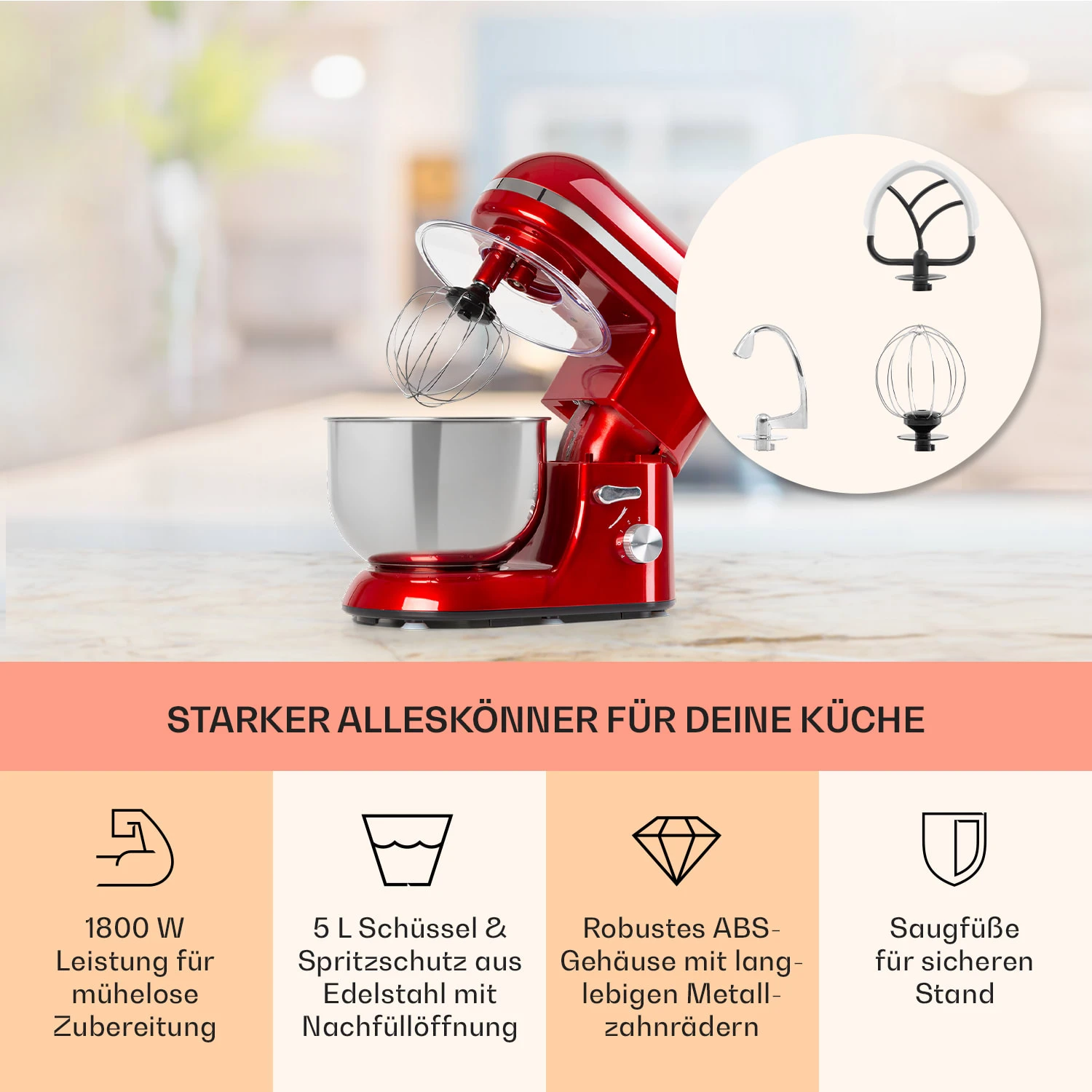 Bella Elegance Küchenmaschine 2000 W 2,7 PS 5,2 Ltr Edelstahl BPA-frei 3 Bella Elegance Küchenmaschine 2000 W 2,7 PS 5,2 Ltr Edelstahl BPA-frei – Bild 3