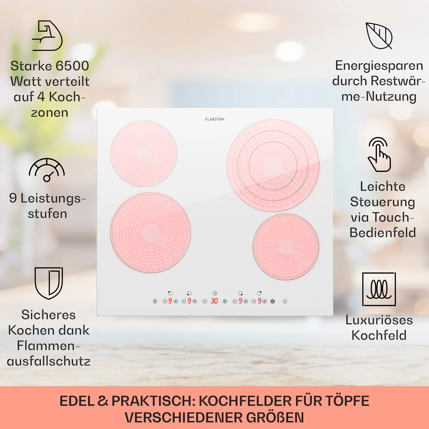Virtuosa 4 Einbaukochfeld 4 Zonen 6500W Glaskeramik 2 Virtuosa 4 Einbaukochfeld 4 Zonen 6500W Glaskeramik – Bild 2