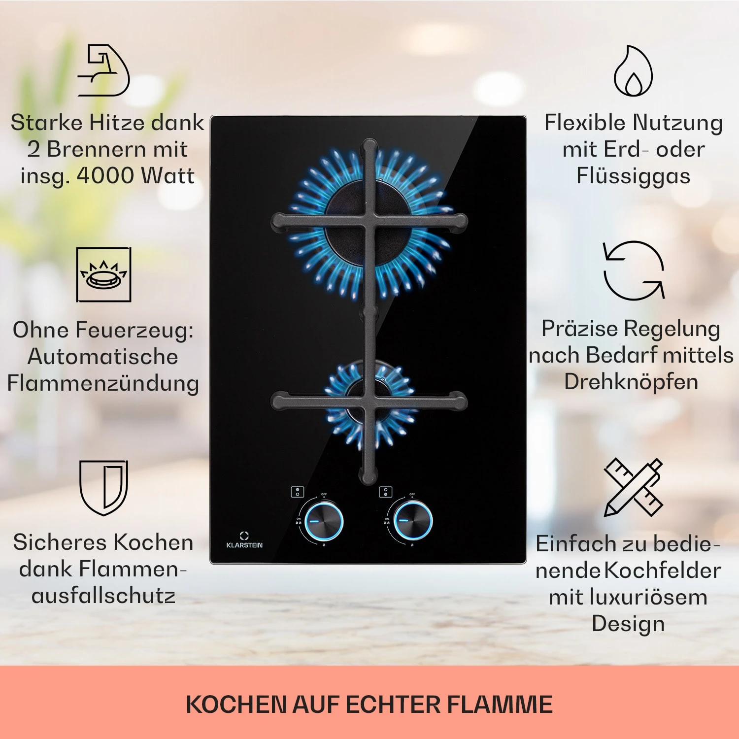 Illuminosa Domino Gaskochfeld 2-flammig Sabaf-Brenner Glaskeramik 2 Illuminosa Domino Gaskochfeld 2-flammig Sabaf-Brenner Glaskeramik – Bild 2