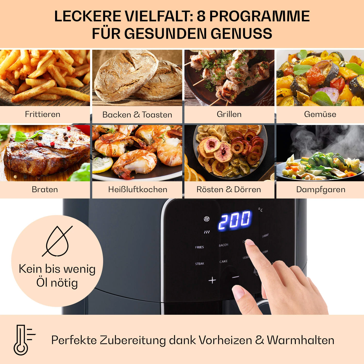 Crisp-Pro Heißluftfritteuse Air Fryer 1400W 3,5 Ltr 8 Programme Timer 3 Crisp-Pro Heißluftfritteuse Air Fryer 1400W 3,5 Ltr 8 Programme Timer – Bild 3