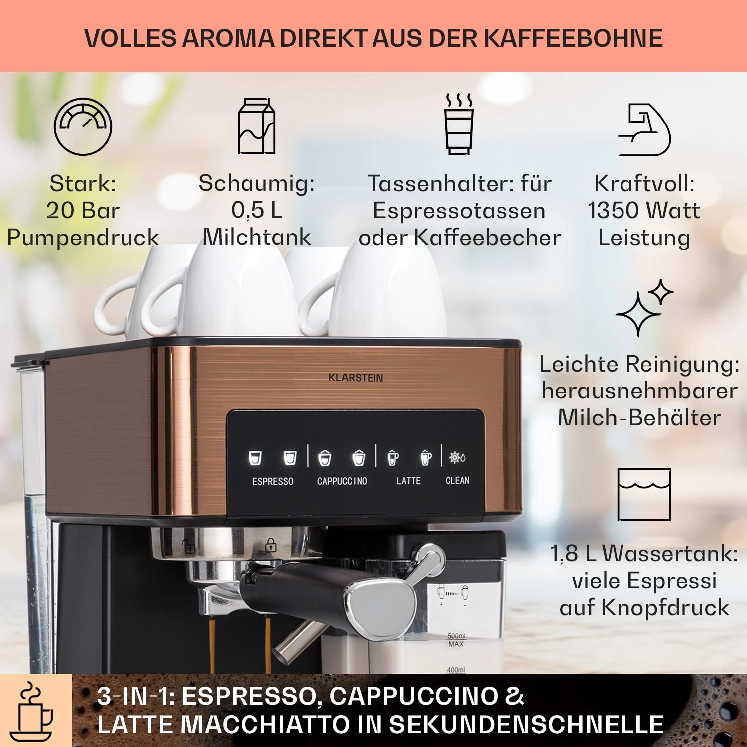 Arabica Comfort Espressomaschine 1350W 20 Bar 1,8l Touch-Bedienfeld 2 Arabica Comfort Espressomaschine 1350W 20 Bar 1,8l Touch-Bedienfeld – Bild 2